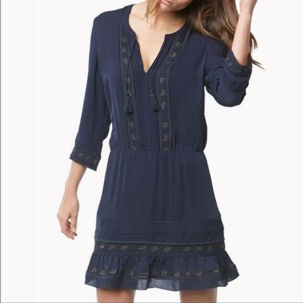 Veronica Beard Katia Navy Embroidered Silk Dress